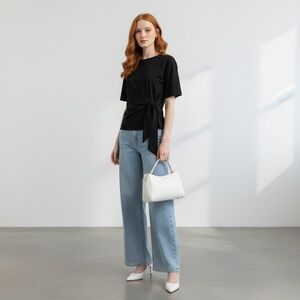 1195 • Black Rayon Blend Asymmetrical Tie Waist Top